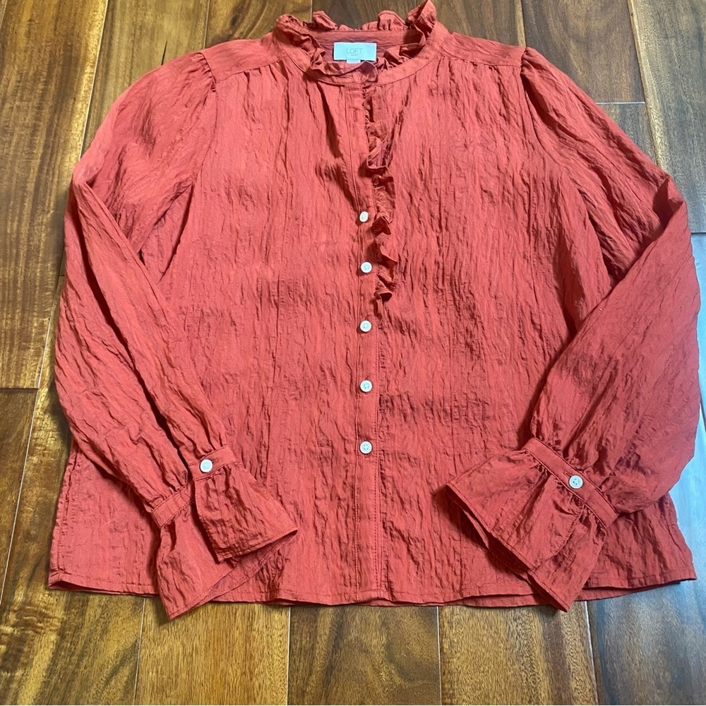 Loft Women’s Long Sleeve Peasant Blouse Ruffles Button Up Rust Orange Size Small